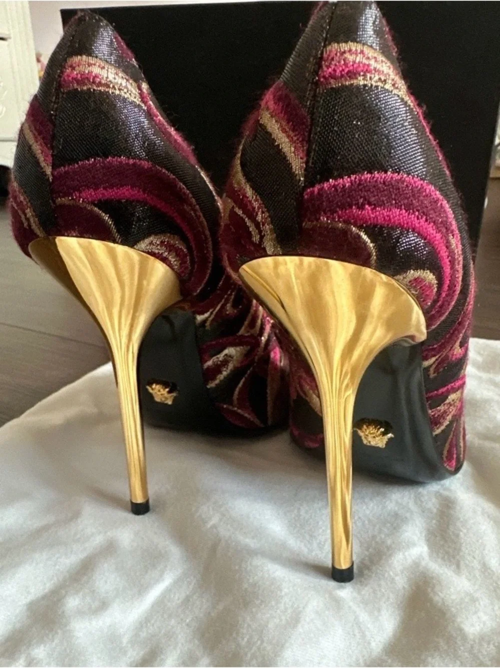 Versace Red, Gold & Black Brocade Pointed-Toe Jewel Pumps